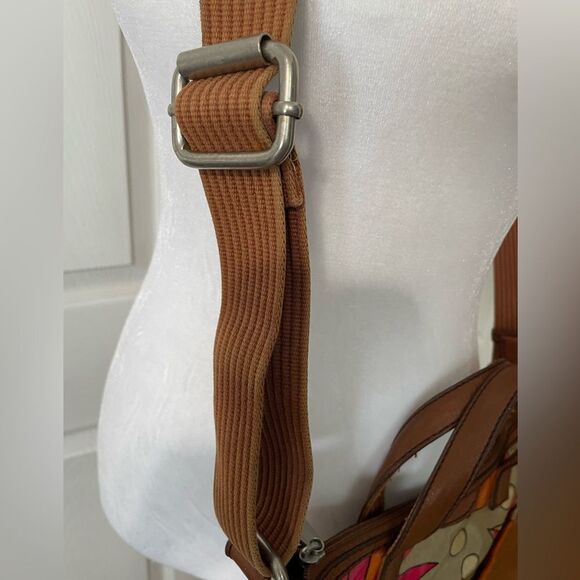 Fossil Keyper Tan Pink Orange Floral PVC Coated Textile CrossbodyPurse W/Key Tag - Picture 6 of 12